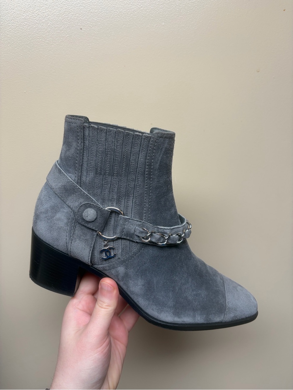 CHANEL Gray Suede Chain-Trim Ankle Boots